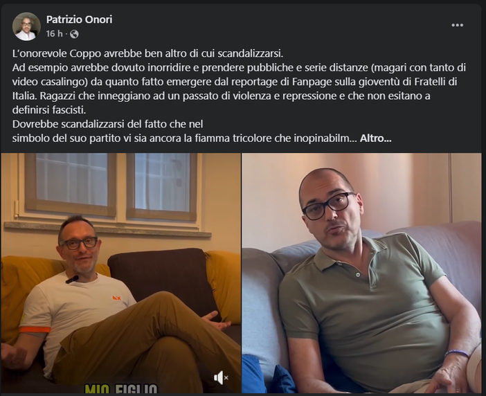 Onori replica a Coppo: &quot;Dovrebbe scandalizzarsi per le 'nostalgie fasciste' nel suo partito, altro che per un bacio gay in un cartone animato&quot; [VIDEO]