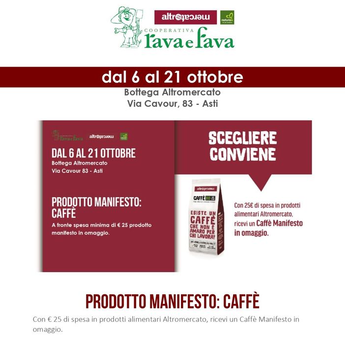 Alla Bottega Rava e Fava di via Cavour ad Asti si riparte dal Caffè Manifesto per la campagna ''Consumi o scegli?'