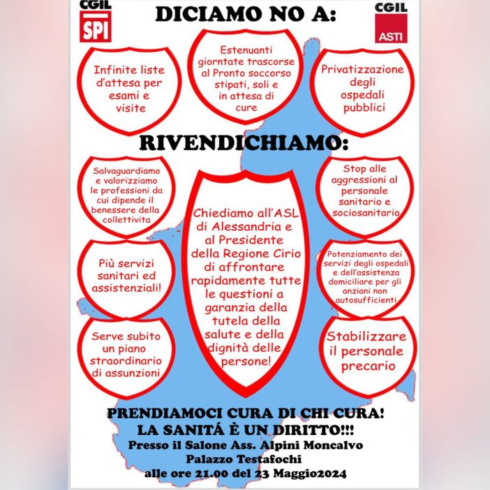 "Prendiamoci cura di chi cura! La sanità è un diritto": iniziativa della Cgil di Asti e pensionati a Moncalvo "Prendiamoci cura di chi cura! La sanità è un diritto": iniziativa della Cgil di Asti e pensionati a Moncalvo