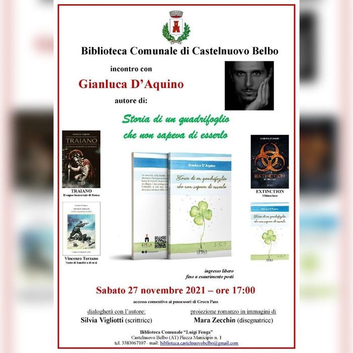 A Castelnuovo Belbo lo scrittore Gianluca D'Aquino presenta il suo “Storia di un quadrifoglio che non sapeva di esserlo”
