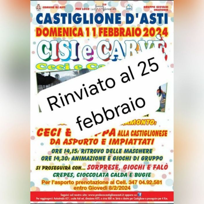 Rinviato, a causa delle condizioni meteo previste, il Carnevale di Castiglione Rinviato, a causa delle condizioni meteo previste, il Carnevale di Castiglione