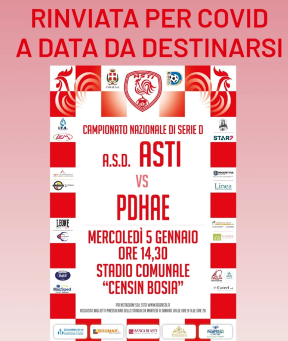 Numerosi casi di Covid-19 nel campionato di Serie D, rinviata a data da destinarsi Asti-Pont Donnaz Numerosi casi di Covid-19 nel campionato di Serie D, rinviata a data da destinarsi Asti-Pont Donnaz