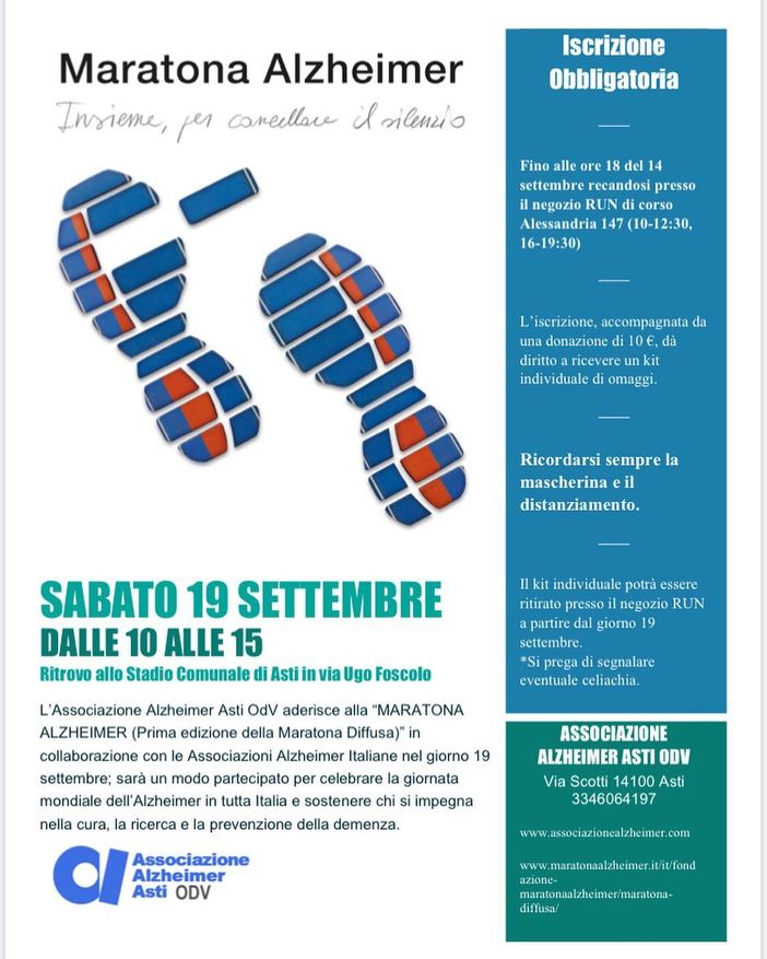 Una maratona per sostenere i diritti delle persone con demenza con l'associazione Alzheimer di Asti Una maratona per sostenere i diritti delle persone con demenza con l'associazione Alzheimer di Asti