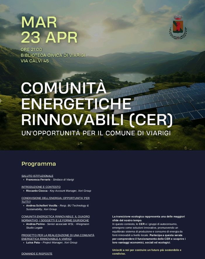 A Viarigi un incontro informativo sulle Comunità Energetiche Rinnovabili