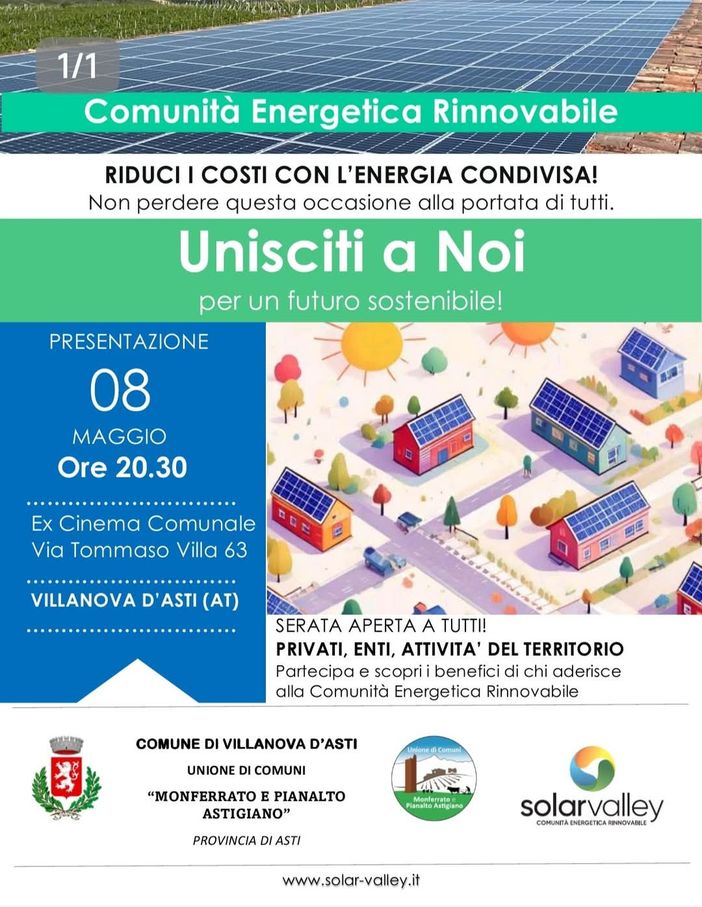 Villanova d’Asti, approvato il piano per la Comunità Energetica Rinnovabile