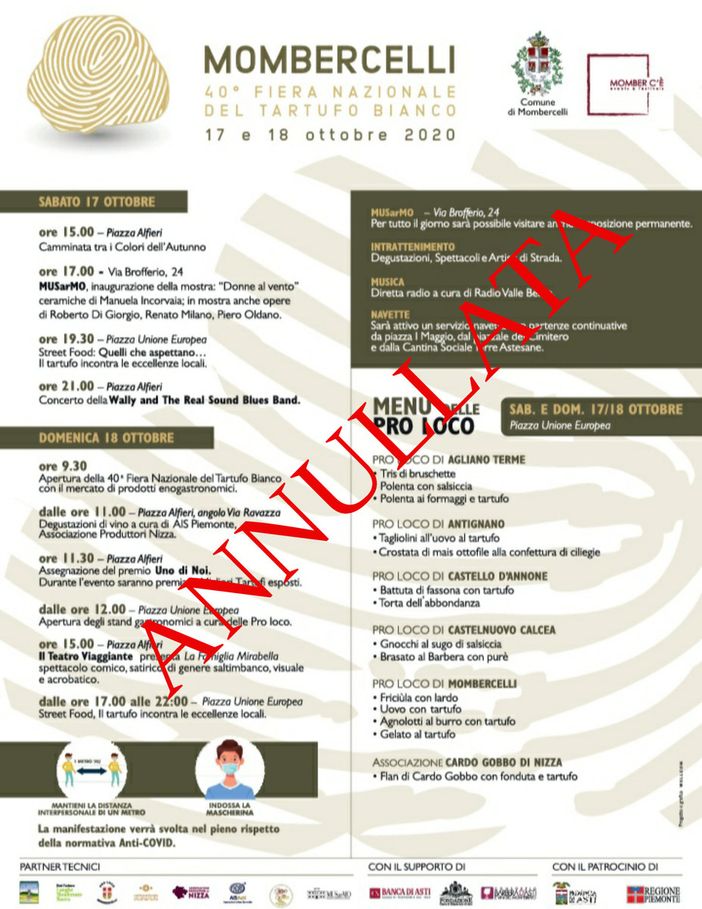 Annullata anche la Fiera del Tartufo di Mombercelli: “non vi sono le necessarie condizioni di sicurezza”