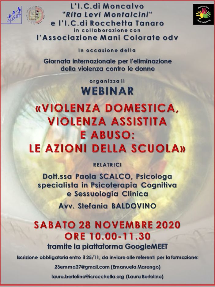 Violenza domestica, un webinar dell'Associazione Mani Colorate e delle scuole di Moncavo e Rocchetta