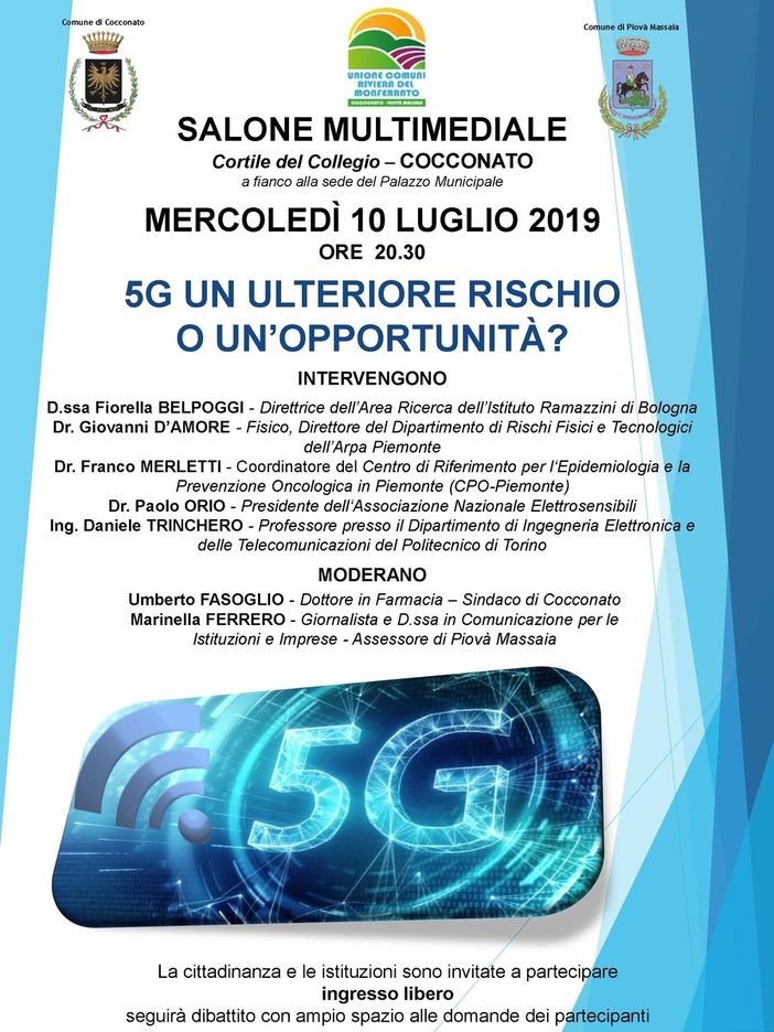 L'Unione dei Comuni Riviera del Monferrato organizza il convegno &quot;5G un ulteriore rischio o un'opportunità?&quot;