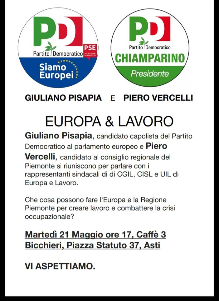 L'agenda elettorale di Piero Vercelli (PD): incontro con Giuliano Pisapia