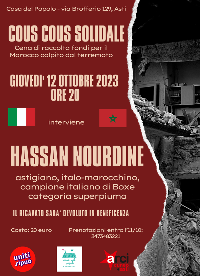 Asti è vicina al Marocco: cena di solidarietà per le vittime del terremoto con un super ospite