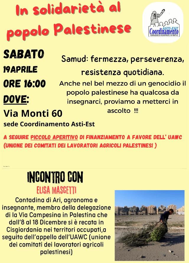 Solidarietà e resistenza: ad Asti un incontro con Elisa Massetti per il popolo palestinese Solidarietà e resistenza: ad Asti un incontro con Elisa Massetti per il popolo palestinese