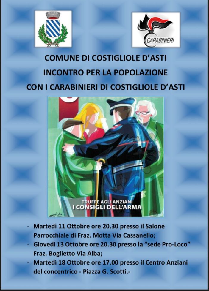 Costigliole d’Asti: in programma tre incontri tra l’Arma e la popolazione Costigliole d’Asti: in programma tre incontri tra l’Arma e la popolazione