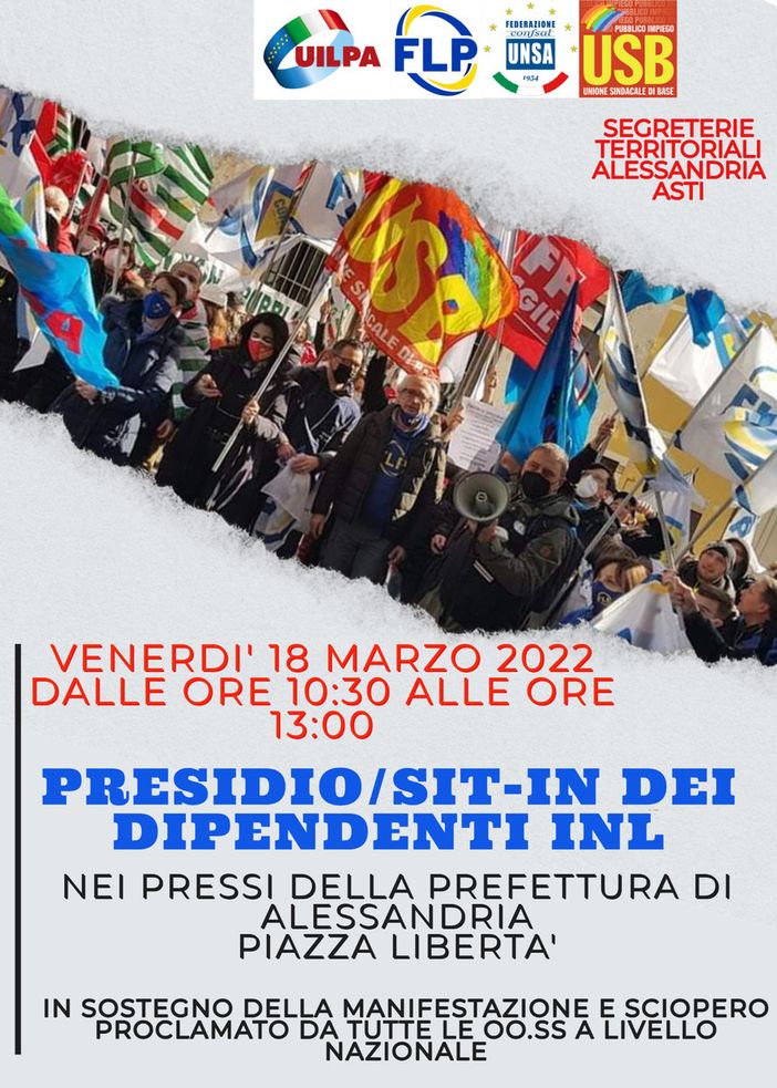 Venerdì sit-in pacifico per tutti i dipendenti dell’Ispettorato Territoriale del Lavoro di Asti-Alessandria
