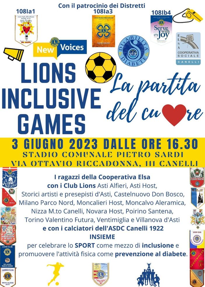 Sabato allo stadio di Canelli  si svolgeranno i "Lions Inclusive Games  - La Partita del cuore"