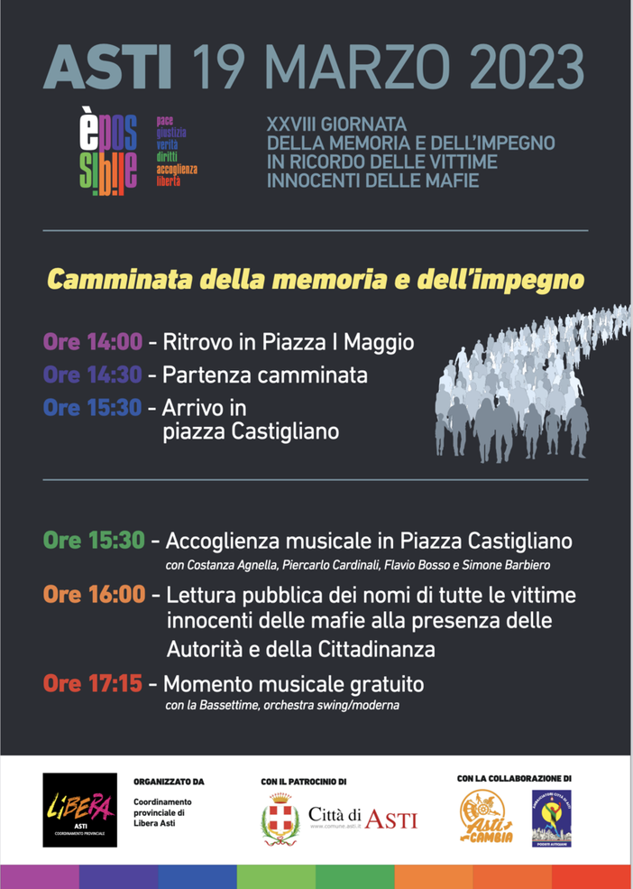 Domenica 19 ad Asti la Giornata Nazionale della memoria e dell’impegno in ricordo delle vittime innocenti delle mafie Domenica 19 ad Asti la Giornata Nazionale della memoria e dell’impegno in ricordo delle vittime innocenti delle mafie