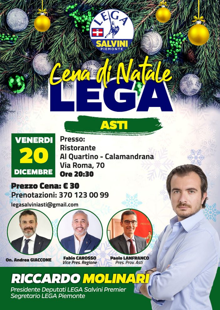 Venerdì 20 dicembre si svolgerà la cena natalizia della sezione astigiana della Lega Salvini Premier