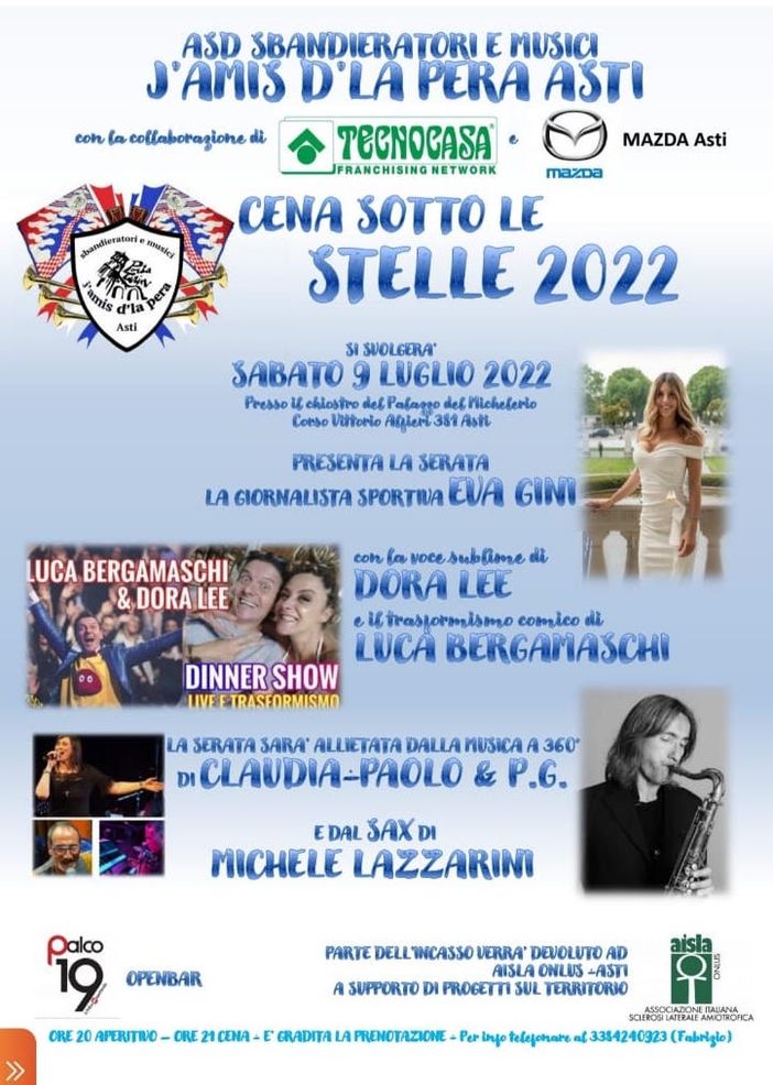 "Cena sotto le stelle" sabato 9 luglio, in favore di Aisla "Cena sotto le stelle" sabato 9 luglio, in favore di Aisla
