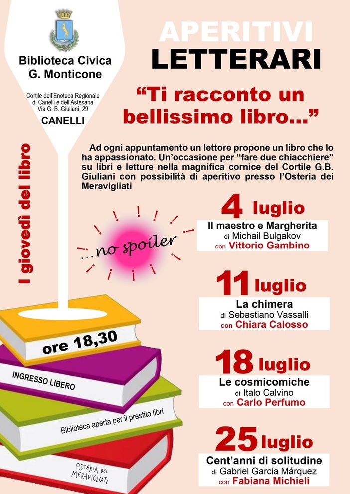 Dal 4 luglio gli aperitivi alla Biblioteca Monticone di Canelli