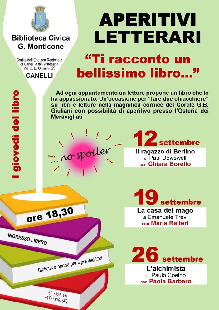 Canelli: nuovi aperitivi letterari alla Biblioteca Monticone. Canelli: nuovi aperitivi letterari alla Biblioteca Monticone.