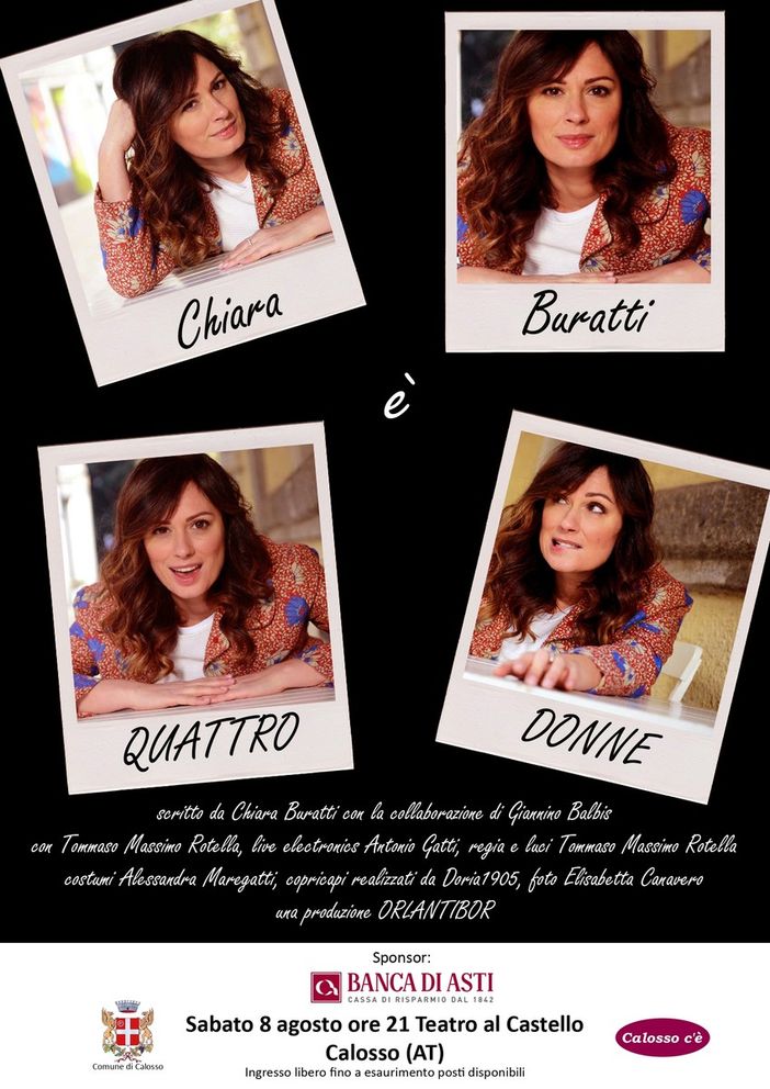 A Calosso, "Quattro donne" con Chiara Buratti, sabato otto agosto alle 21 A Calosso, "Quattro donne" con Chiara Buratti, sabato otto agosto alle 21