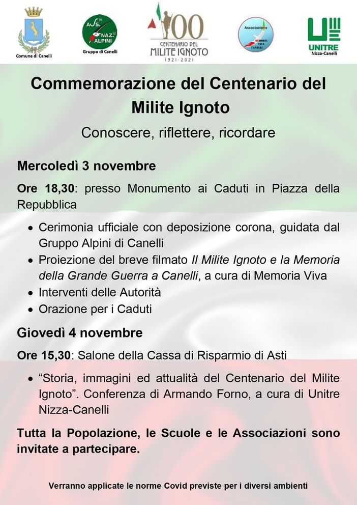 La locandina con il programma delle commemorazioni canellesi per il centenario del Milite Ignoto