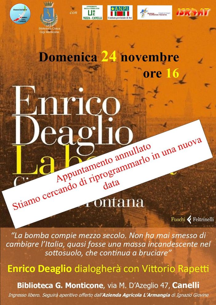 Canelli, annullata per maltempo la presentazione del libro di Deaglio su piazza Fontana