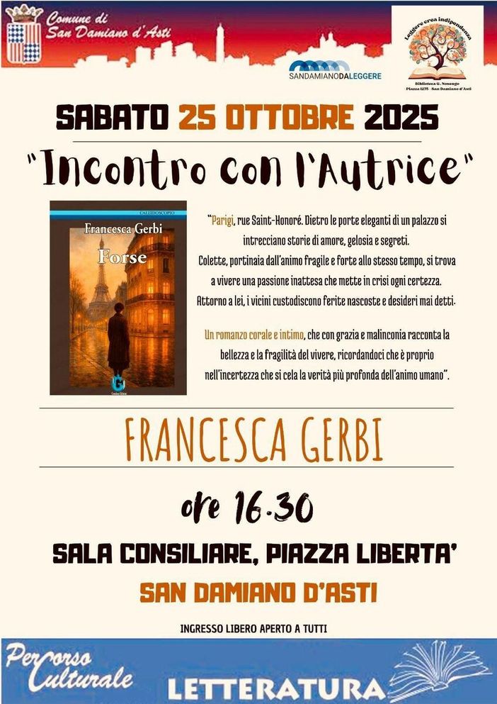A San Damiano d’Asti l’autrice Francesca Gerbi presenta il romanzo “Forse”