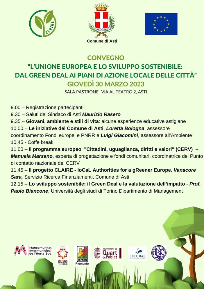 Progetto Claire: il 30 marzo ad Asti il convegno "L'Unione Europea e lo sviluppo sostenibile: dal Green Deal ai piani di azione locale delle città”