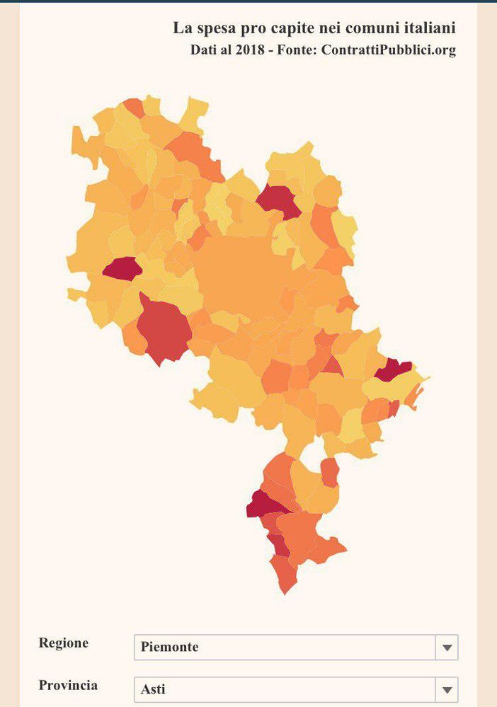Lo screenshot dei dati spesa dell'Astigiano, con le cinque zone rosse