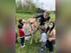 Uno degli asini insieme ad alcuni bambini in visita al lago