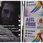 Nel collage una storia social postata da Mirko Moriconi, brutalmente ucciso insieme alla madre da suo padre, e manifesti dell'Asti Pride imbrattati