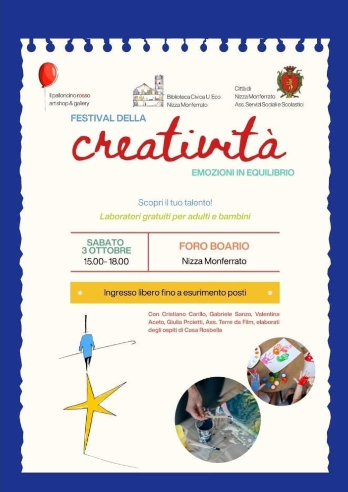 Festival della creatività, al Foro Boario di Nizza Monferrato un pomeriggio dedicato alle emozioni Festival della creatività, al Foro Boario di Nizza Monferrato un pomeriggio dedicato alle emozioni