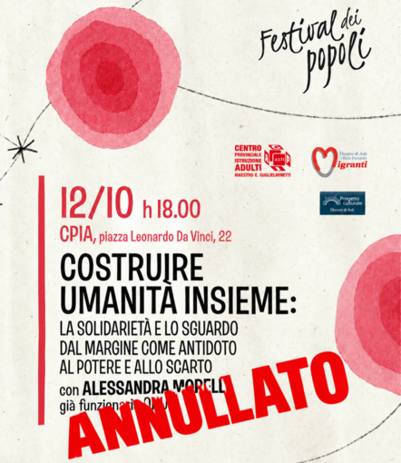 Festival dei Popoli di Asti: annullato l'incontro con Alessandra Morelli previsto per oggi