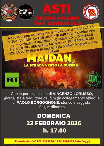 Asti, sospesa la proiezione di “Maidan – La strada verso la guerra” al Circolo Nosenzo Asti, sospesa la proiezione di “Maidan – La strada verso la guerra” al Circolo Nosenzo