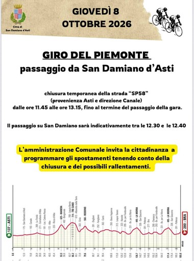 Giro del Piemonte, giovedì il passaggio a San Damiano: chiusa la SP58 Giro del Piemonte, giovedì il passaggio a San Damiano: chiusa la SP58