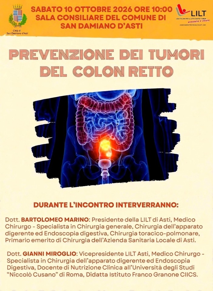 Prevenzione del tumore al colon retto, a San Damiano un incontro dedicato alla salute Prevenzione del tumore al colon retto, a San Damiano un incontro dedicato alla salute