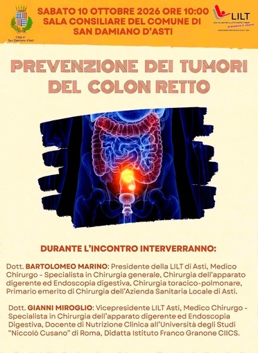 Prevenzione del tumore al colon retto, a San Damiano un incontro dedicato alla salute
