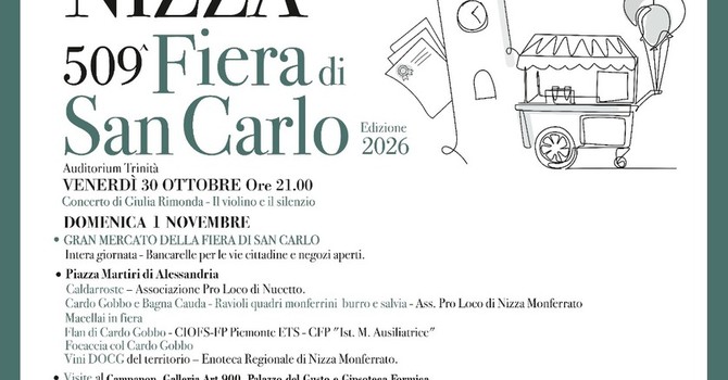 Nizza Monferrato si prepara alla 509ª Fiera di San Carlo: tradizione, gusto e musica nel cuore della città Nizza Monferrato si prepara alla 509ª Fiera di San Carlo: tradizione, gusto e musica nel cuore della città