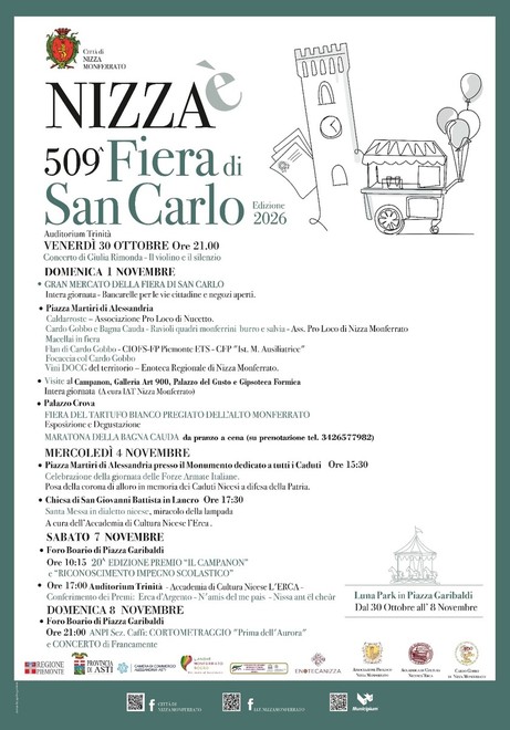 Nizza Monferrato si prepara alla 509ª Fiera di San Carlo: tradizione, gusto e musica nel cuore della città Nizza Monferrato si prepara alla 509ª Fiera di San Carlo: tradizione, gusto e musica nel cuore della città