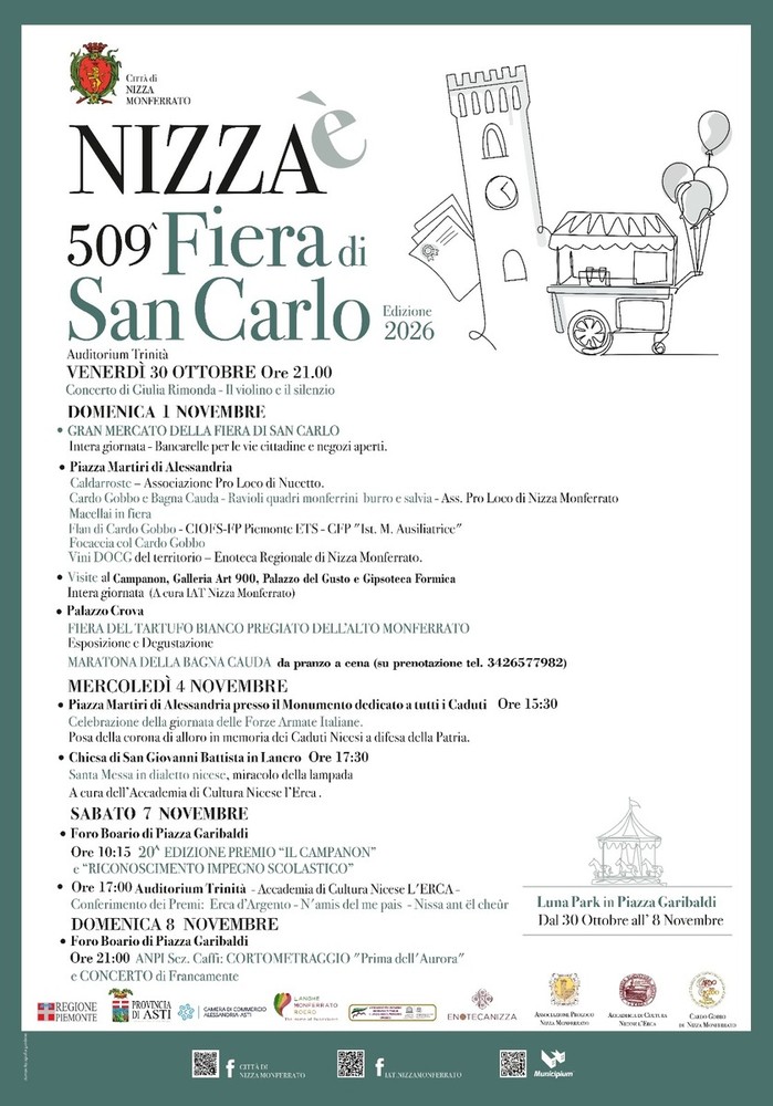 Nizza Monferrato si prepara alla 509ª Fiera di San Carlo: tradizione, gusto e musica nel cuore della città Nizza Monferrato si prepara alla 509ª Fiera di San Carlo: tradizione, gusto e musica nel cuore della città