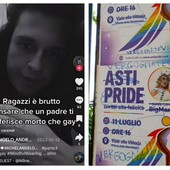 Nel collage una storia social postata da Mirko Moriconi, brutalmente ucciso insieme alla madre da suo padre, e manifesti dell'Asti Pride imbrattati