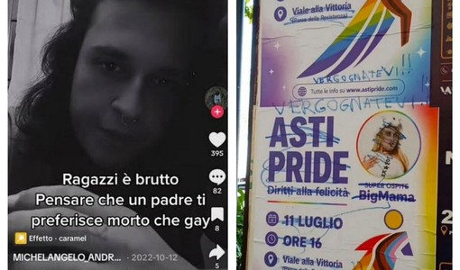 Nel collage una storia social postata da Mirko Moriconi, brutalmente ucciso insieme alla madre da suo padre, e manifesti dell'Asti Pride imbrattati