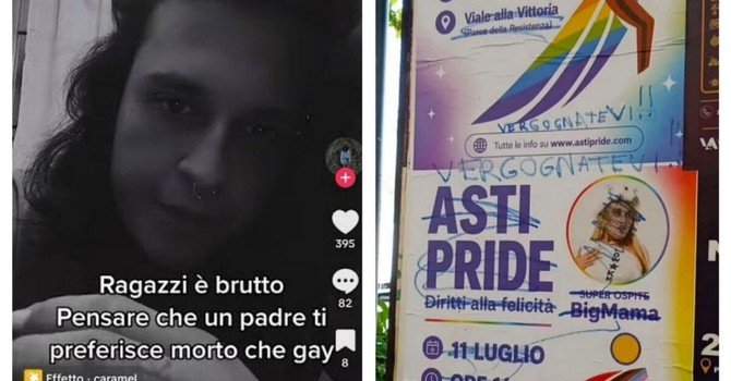 Nel collage una storia social postata da Mirko Moriconi, brutalmente ucciso insieme alla madre da suo padre, e manifesti dell'Asti Pride imbrattati