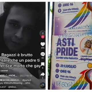 Nel collage una storia social postata da Mirko Moriconi, brutalmente ucciso insieme alla madre da suo padre, e manifesti dell'Asti Pride imbrattati