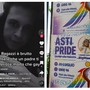 Nel collage una storia social postata da Mirko Moriconi, brutalmente ucciso insieme alla madre da suo padre, e manifesti dell'Asti Pride imbrattati