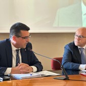 L'assessore alle infrastrutture strategiche e logistica della Regione Piemonte Enrico Bussalino e il consigliere delegato allo sviluppo economico, porti e logistica della Regione Liguria Alessio Piana,
