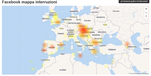 La mappa dei malfunzionamenti monitorati in tempo reale dal sito Downdetector