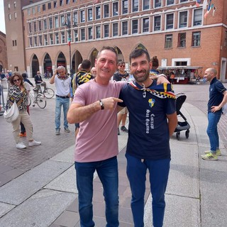 Francesco Caria con Franco Casu, storico fantino del Palio di Asti, a Ferrara