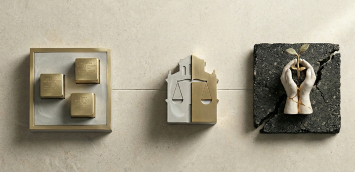 Un immagine-simbolo per ciascun mese: pietre d'inciampo per gennaio, la bilancia della Giustizia per febbraio e vite spezzate sulla strada per marzo