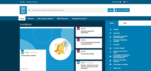 L'home page del sito dell'Istituto di previdenza